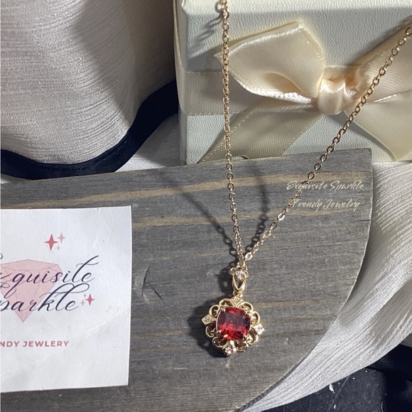 10k Gold Plated Cushion Cut Prong Set Simulated Red Ruby(Cz)Pendant Necklace - Picture 5 of 16